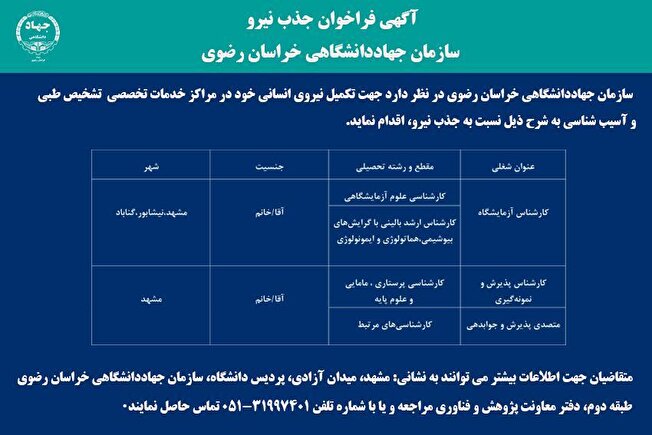 فراخوان جذب نیرو در سازمان جهاددانشگاهی خراسان رضوی